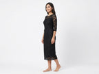 Women's Black Self Design Round Neck Midi Dress