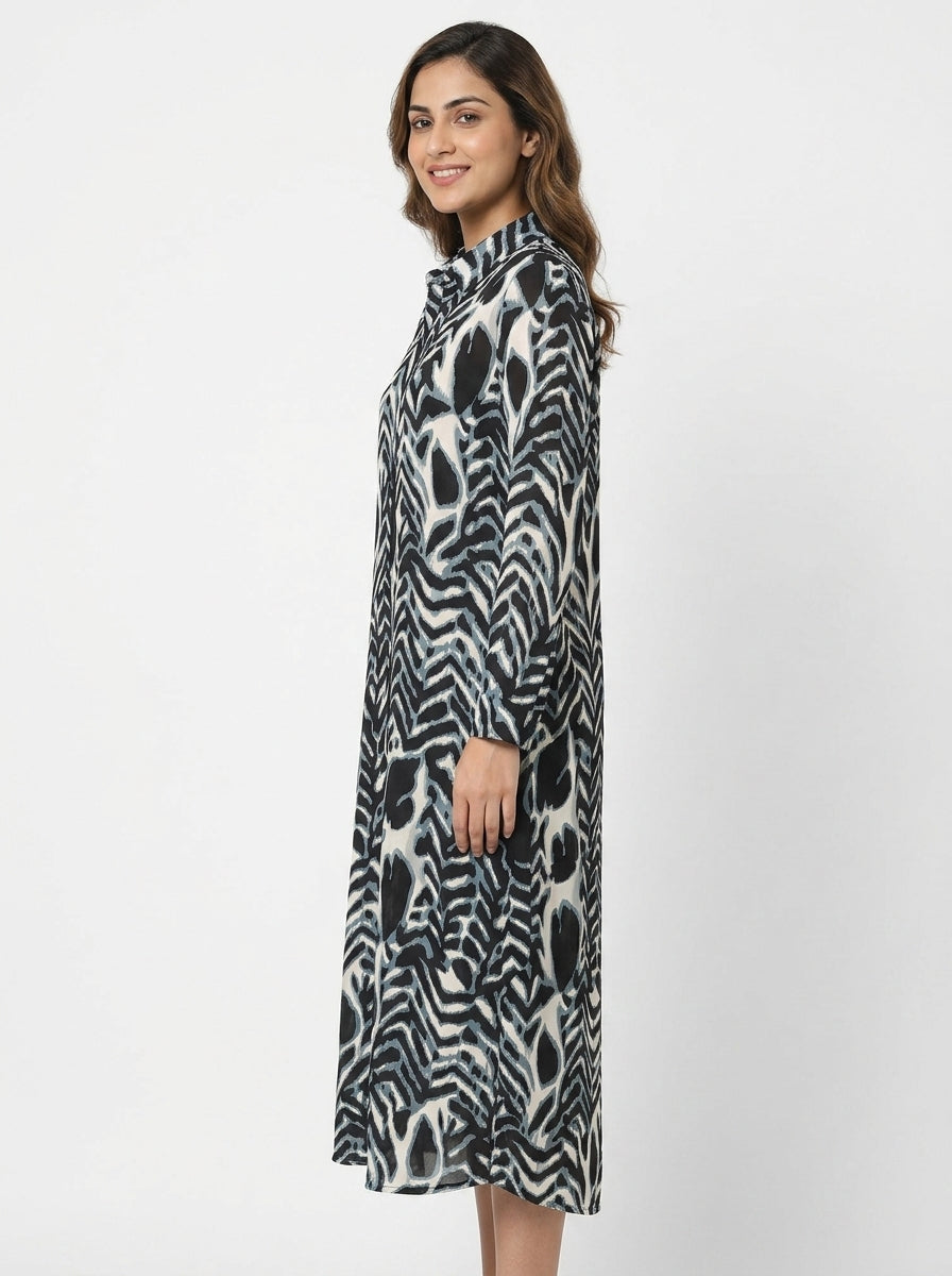 Women's Multi Abstract Print Button-Down Long Dress