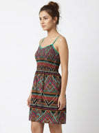 Multi-Color Geometric Print A-line Spaghetti Strap Dress
