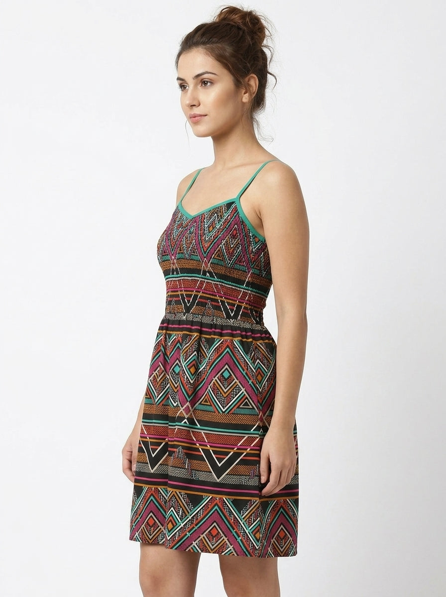 Multi-Color Geometric Print A-line Spaghetti Strap Dress