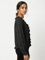 Women's Black Polka Dot Ruffled Long Sleeve Top