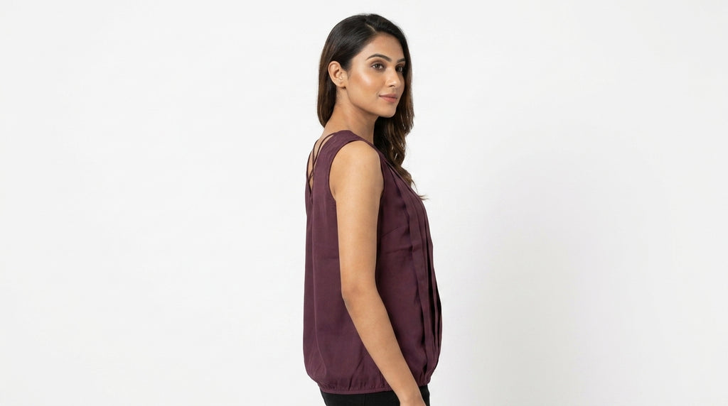 Women's Wine Solid Pleated Sleeveless Relaxed Fit Top