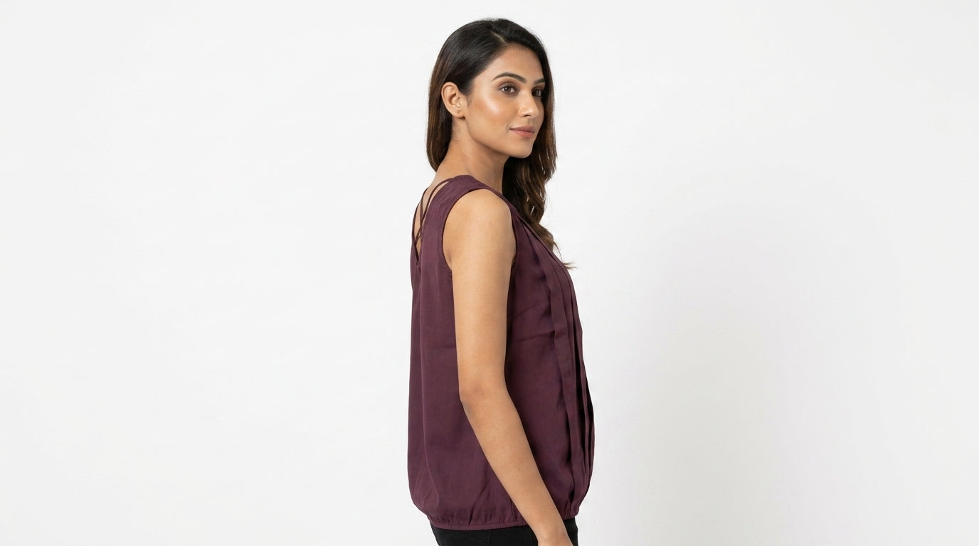 Women's Wine Solid Pleated Sleeveless Relaxed Fit Top