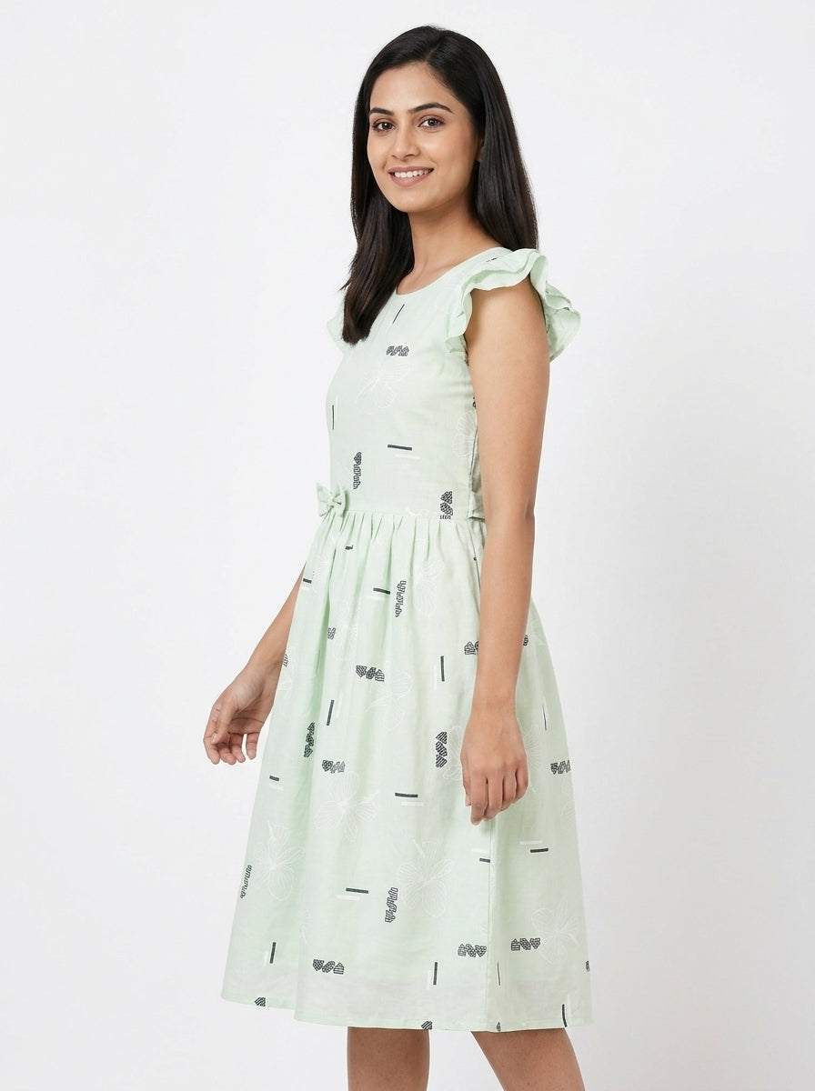 Light Green Floral Printed Flared Dress