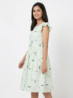 Light Green Floral Printed Flared Dress