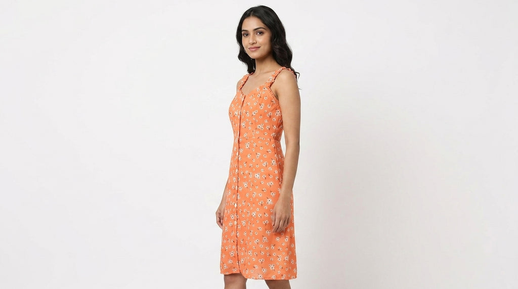 Orange Floral Print A-Line Casual Dress