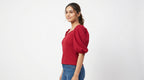 Women's Red Solid Puff Sleeve Top