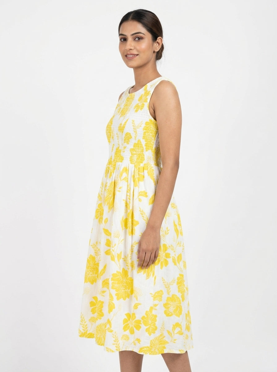 Yellow Floral Print Sleeveless A-Line Dress