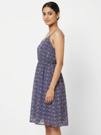 Navy Blue Printed Flared Casual Dress