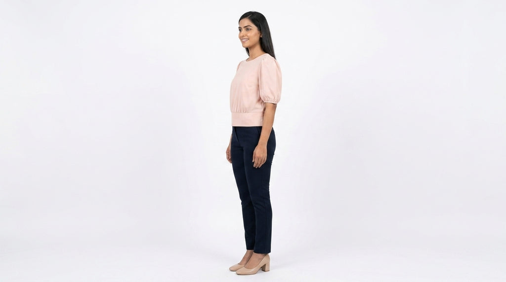 Women's Peach Solid Regular Fit Puff Sleeve Top