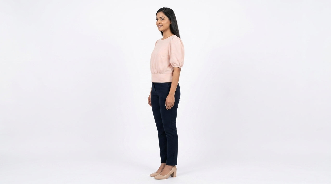 Women's Peach Solid Regular Fit Puff Sleeve Top