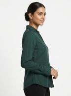Dark Green Solid V-Neck Casual Top