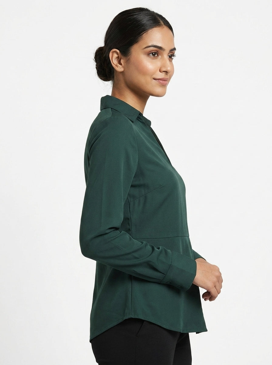 Dark Green Solid V-Neck Casual Top