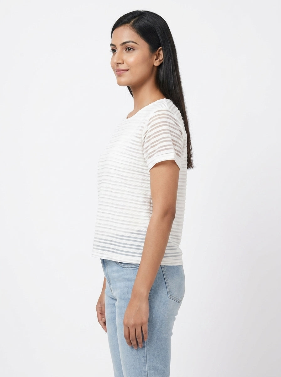 Women's White Textured Round Neck Short Sleeve Top