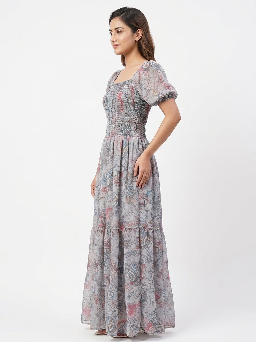 Multi Printed Smocked Flared Maxi Dress