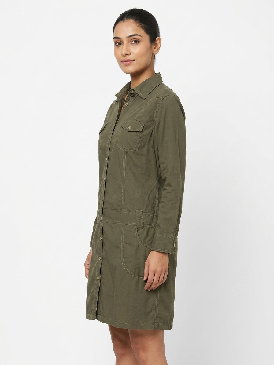 Olive Green Collared Cotton Shirt Dress