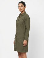 Olive Green Collared Cotton Shirt Dress