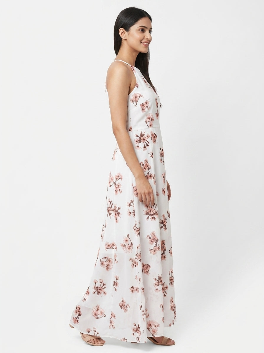 White Floral Print A-line Dress