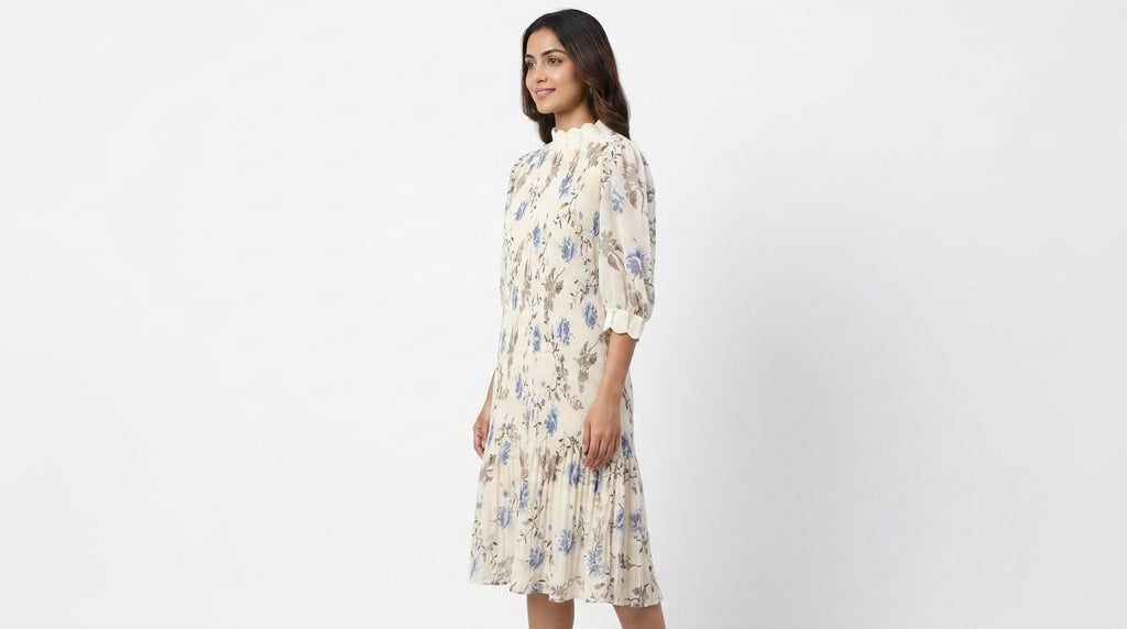 Cream Floral Printed Flared Dress