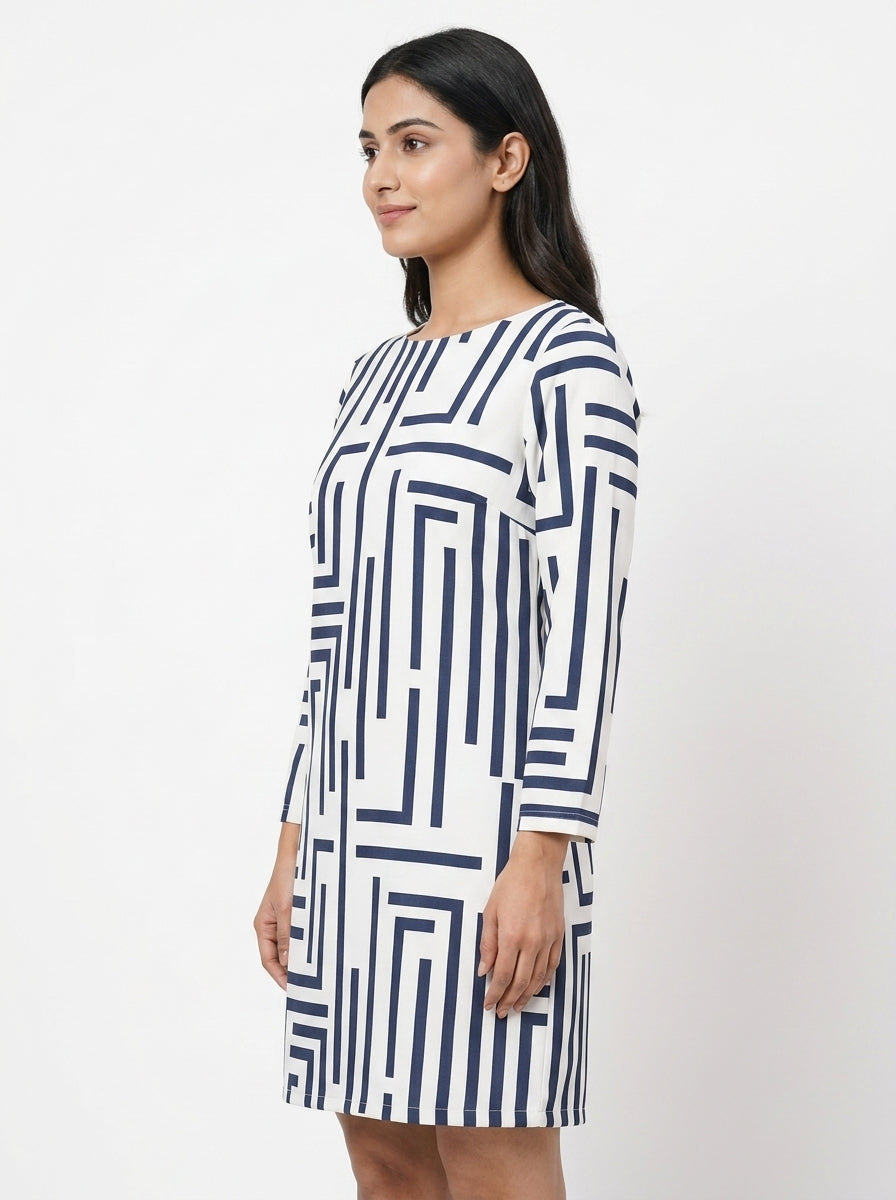 White & Navy Blue Abstract Print Regular Fit Dress
