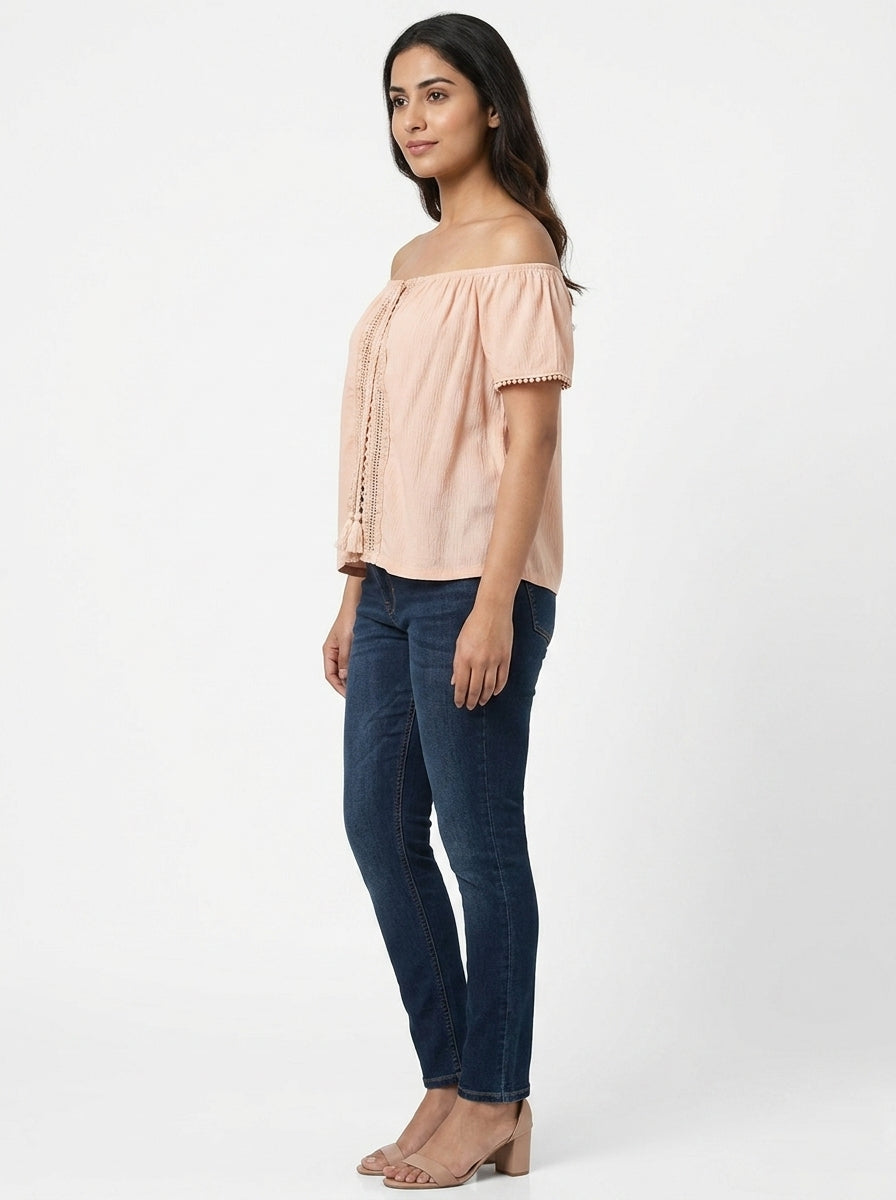 Women's Peach Off-Shoulder Embellished Top