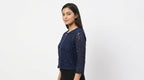 Women's Navy Blue Self Design Lace Zipper Shrug