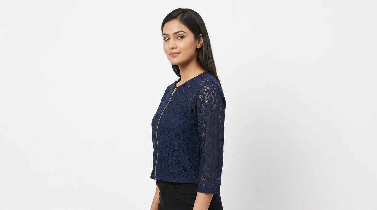 Women's Navy Blue Self Design Lace Zipper Shrug