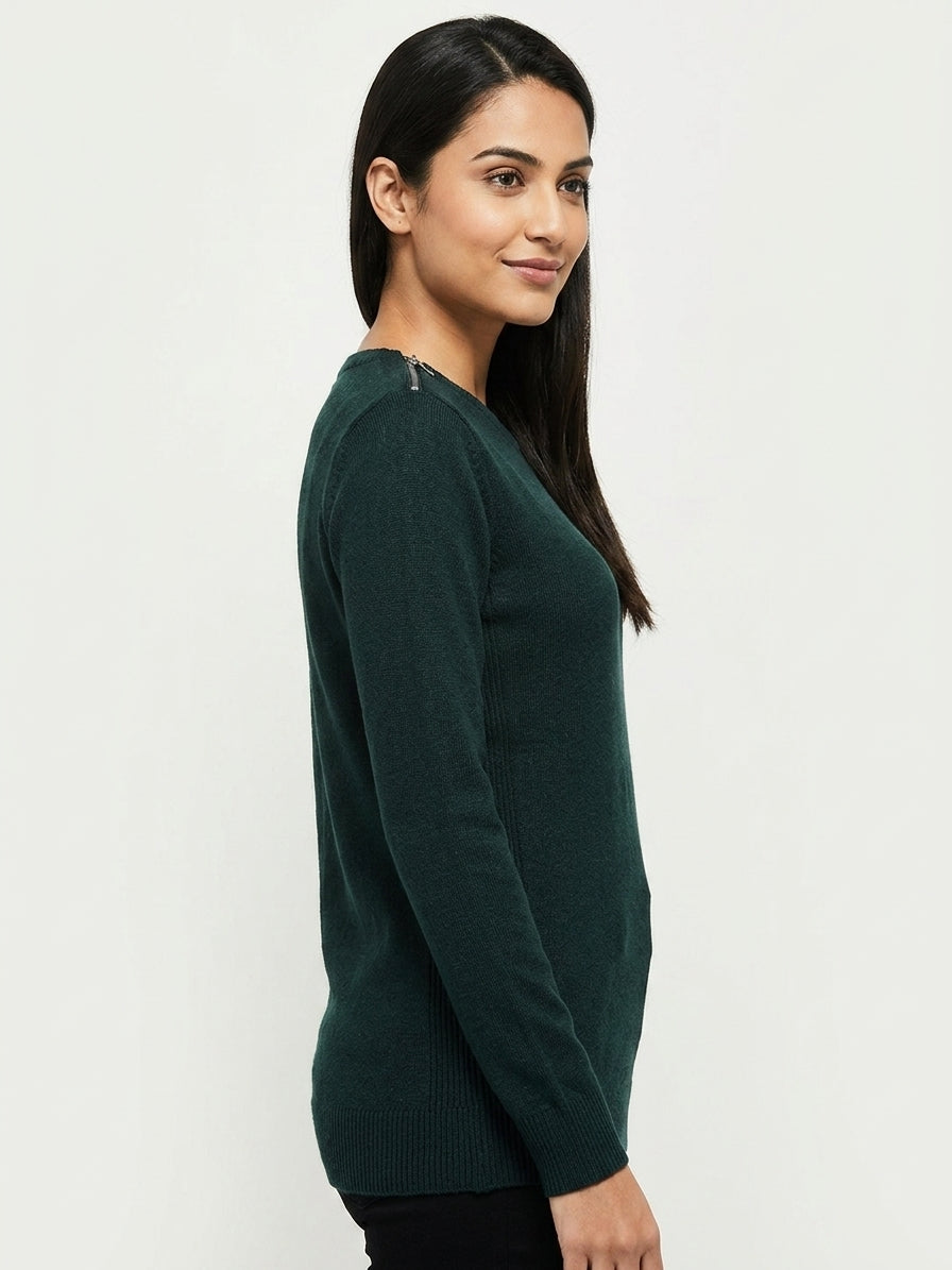 Max Dark Green Knit Sweater with Shoulder Zippers