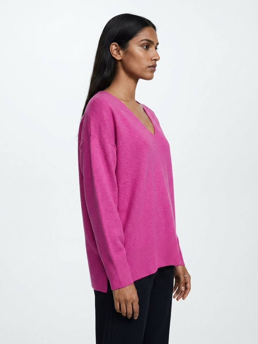 Magenta Solid Oversized Fit V-Neck Sweater