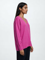 Magenta Solid Oversized Fit V-Neck Sweater