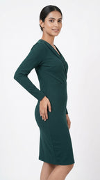 Dark Green Textured Slim Fit Wrap Dress
