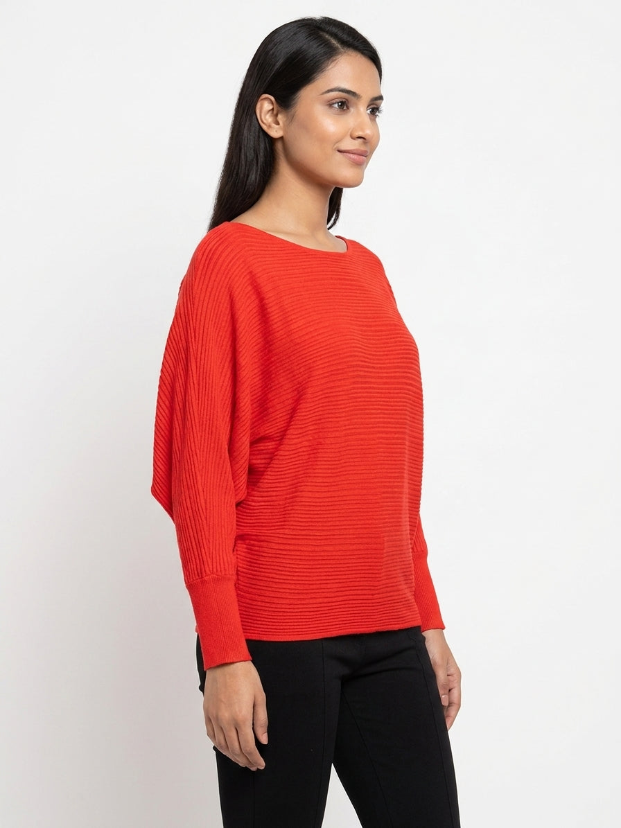 Red Textured Oversized Knit Top