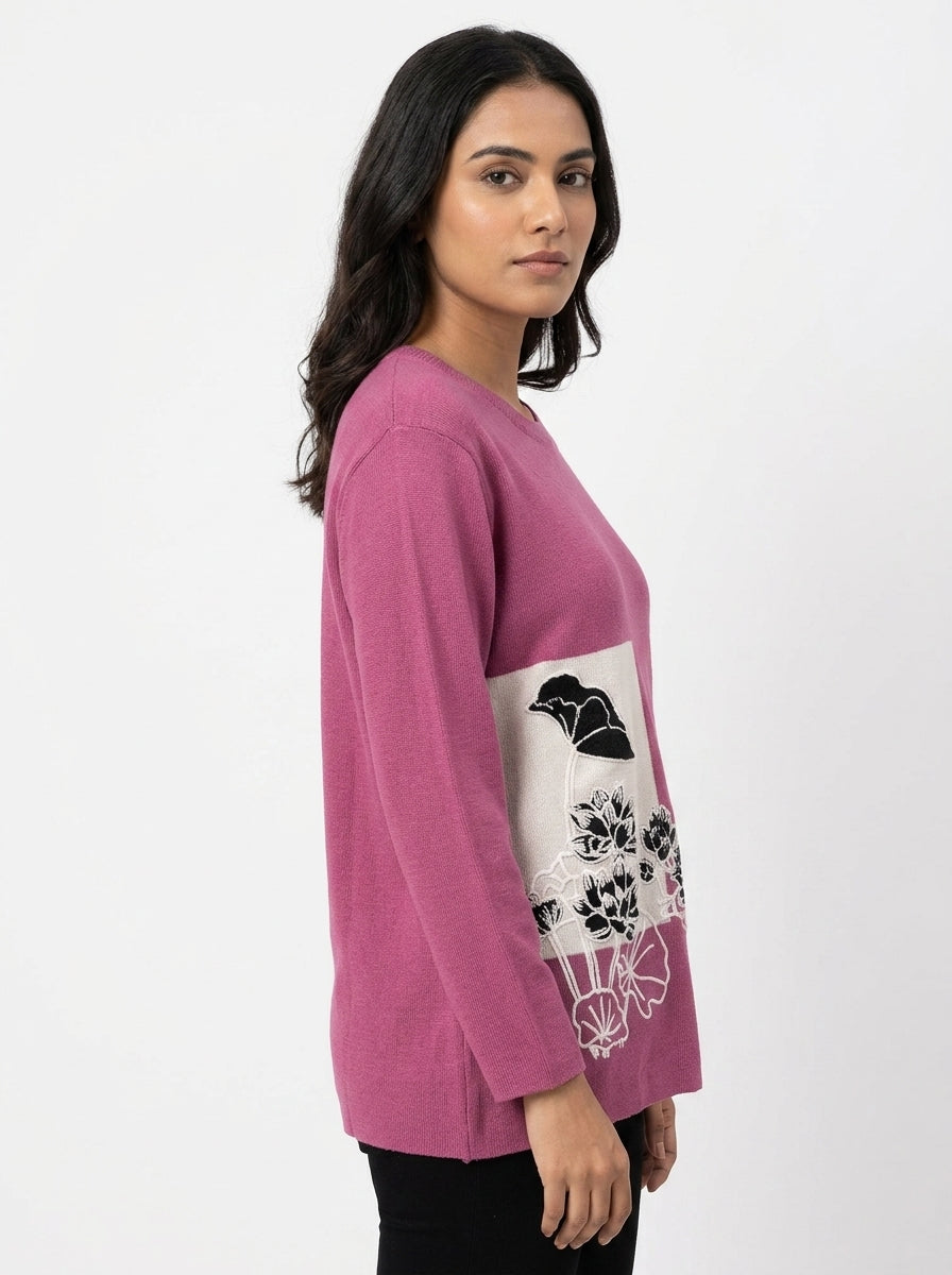 Magenta Graphic Knit Long Sleeve Top