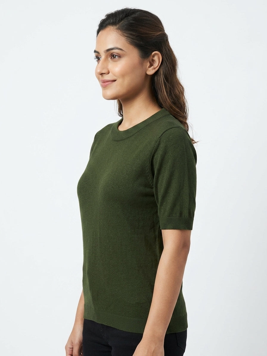 Women's Dark Green Solid Knit Short Sleeve Top