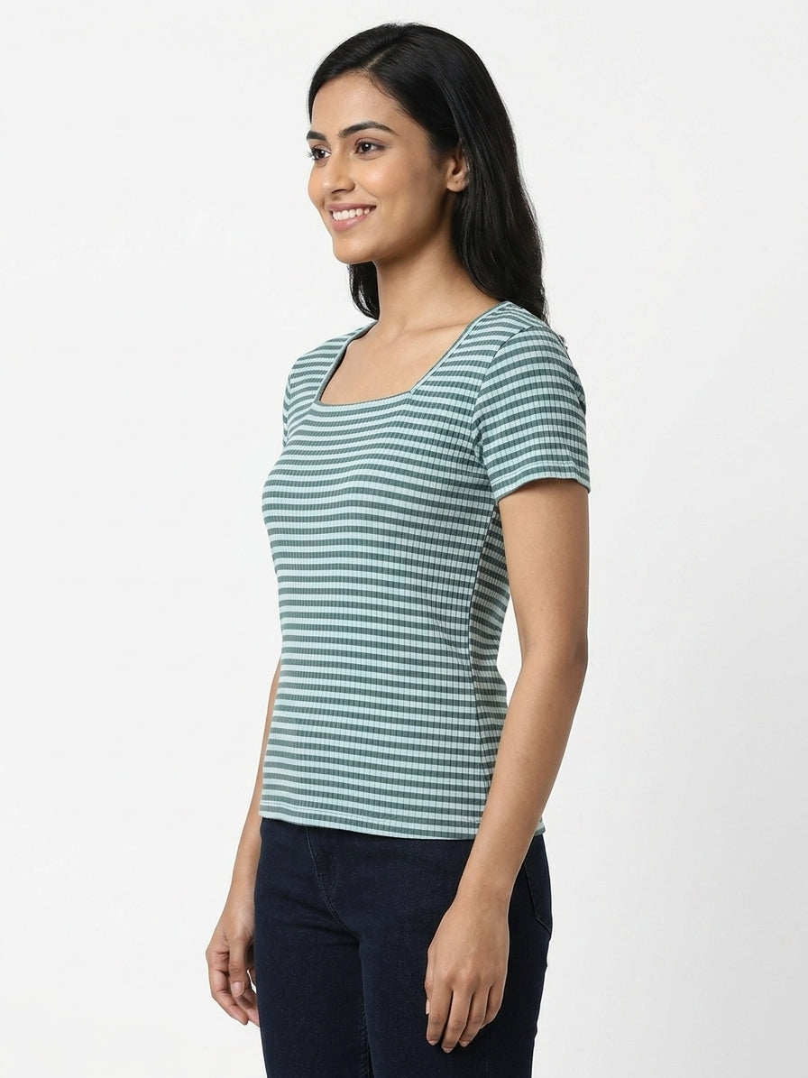Women's Sea Green Striped Ribbed Square Neck Top