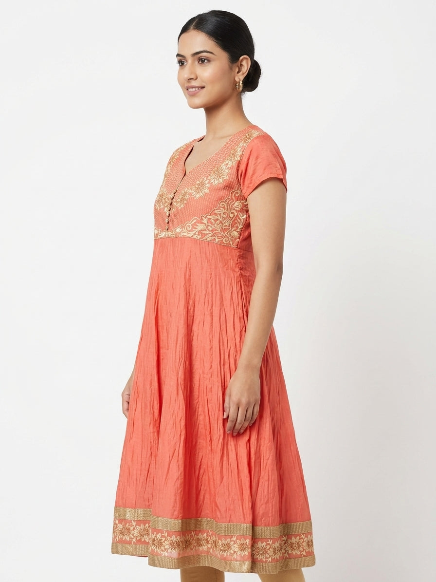 Coral Floral Embellished Flared Kurti