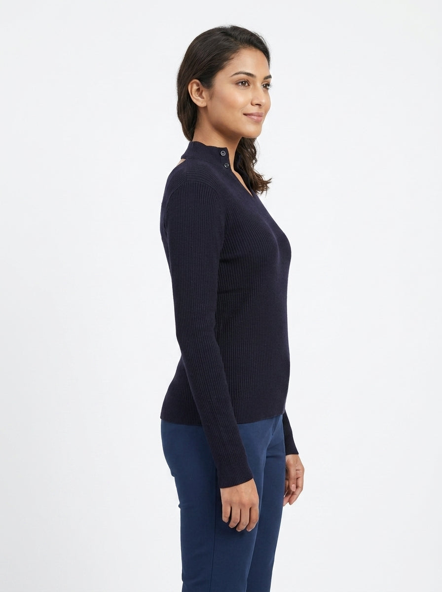 Dark Purple Ribbed V-Neck Sweater