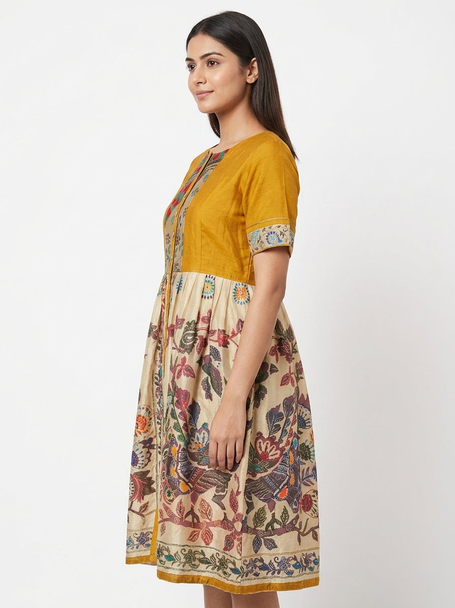 Mustard Yellow Ethnic Print Flared Dress