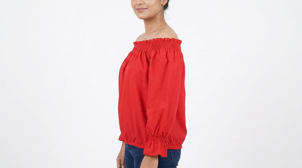 Women's Red Solid Off-Shoulder Shirred Top