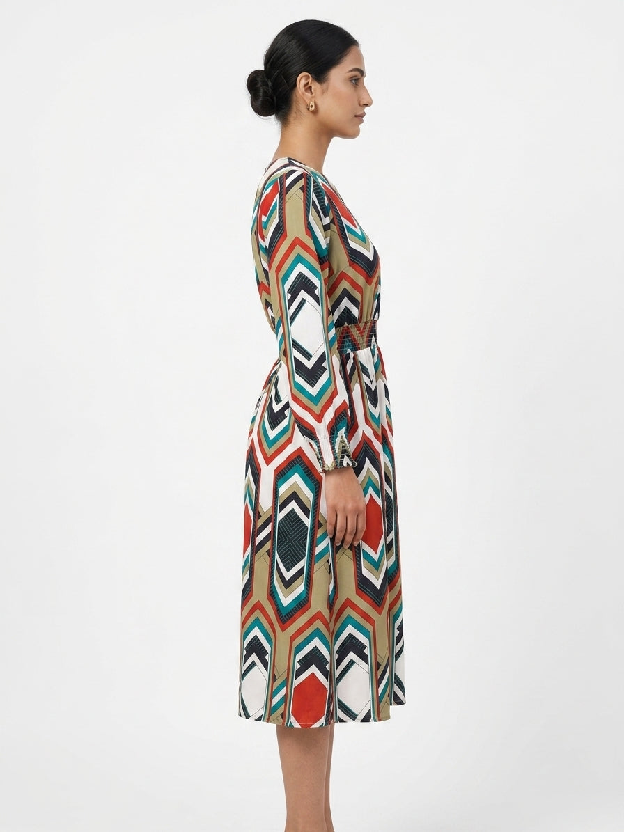 Multi-Color Geometric Print Long Sleeve Dress