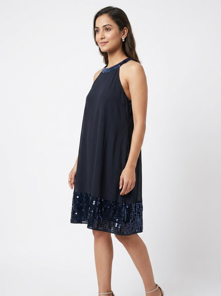 Women's Navy Blue Embellished Halter Neck A-Line Dress