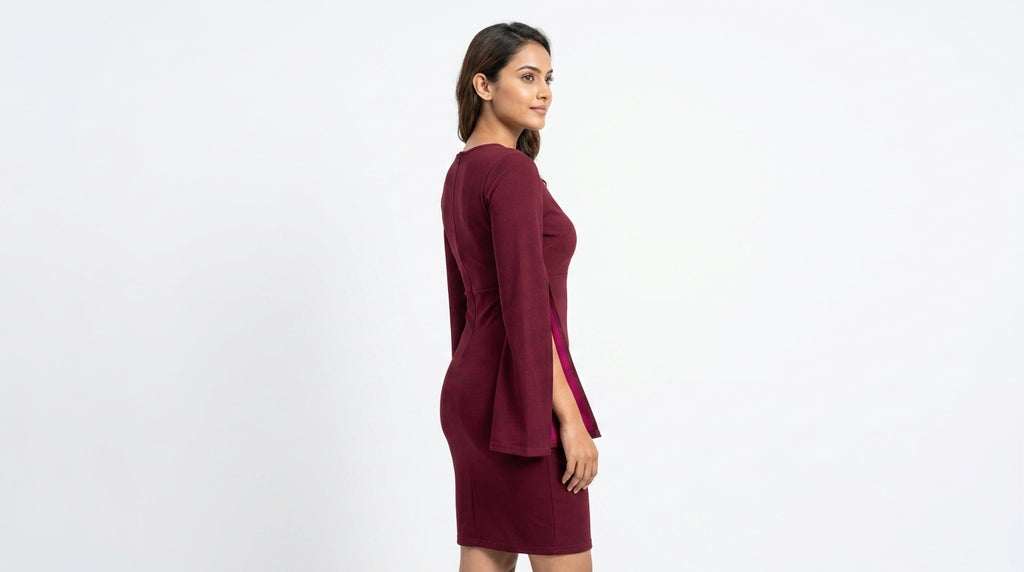 Maroon V-Neck Flared Sleeve Bodycon Dress