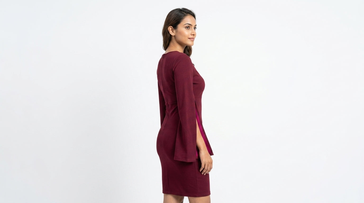 Maroon V-Neck Flared Sleeve Bodycon Dress