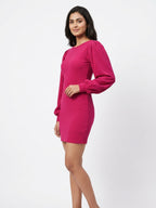 Magenta Solid Textured Full Sleeve Mini Dress