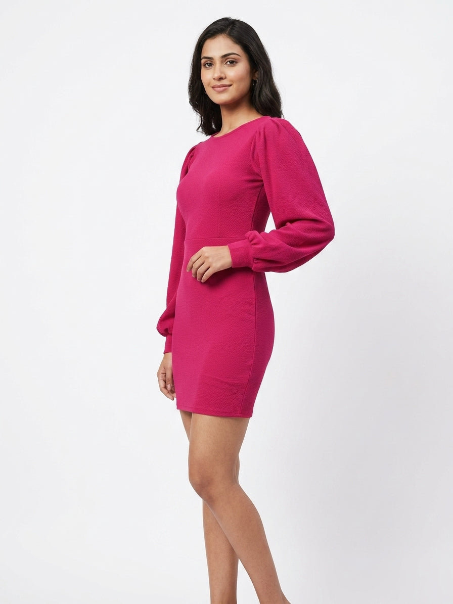Magenta Solid Textured Full Sleeve Mini Dress
