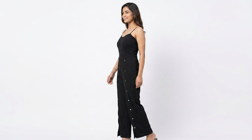 Black Solid Jumpsuit with Button Detail