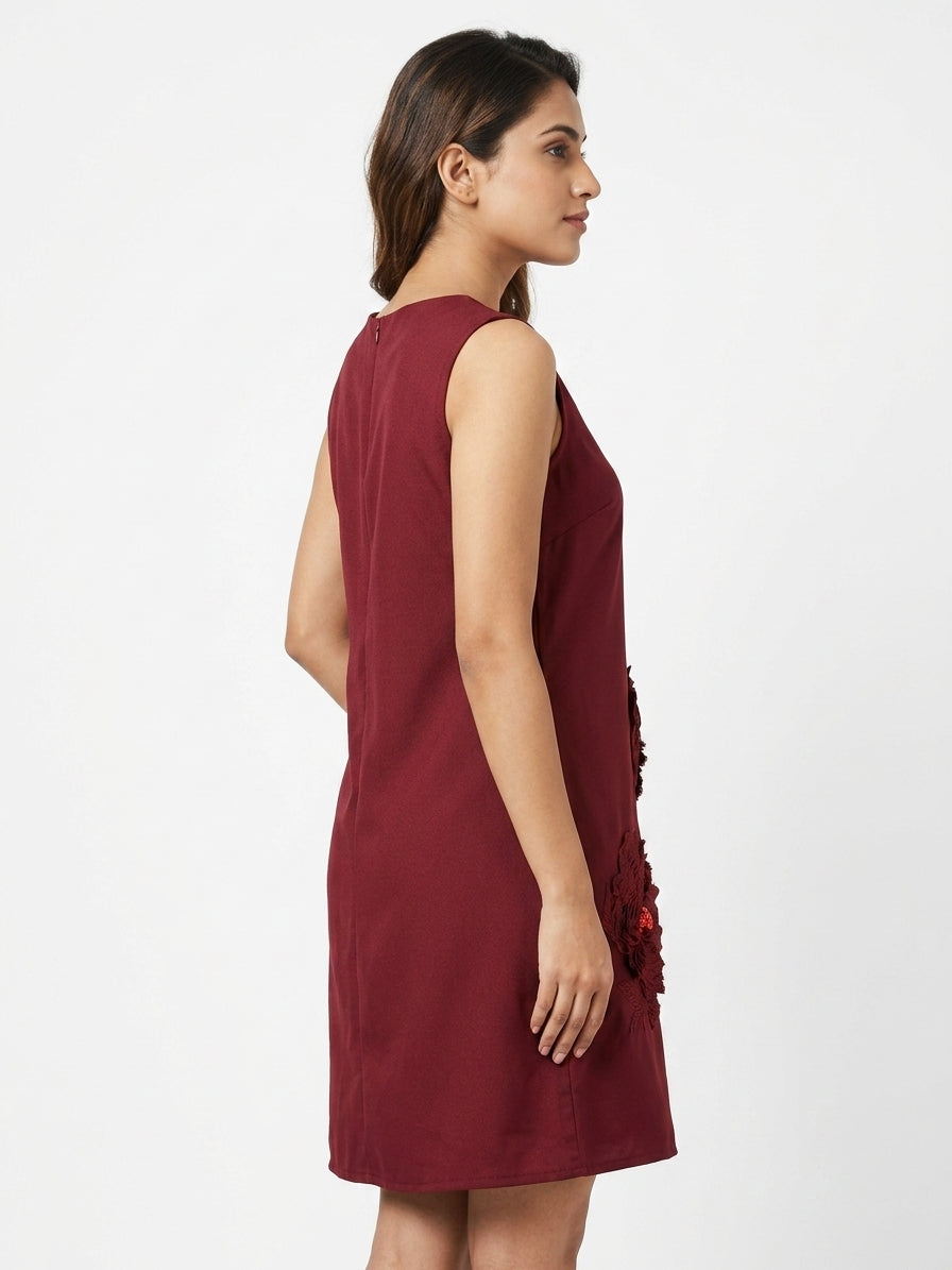 Maroon Embellished Sleeveless Straight Dress