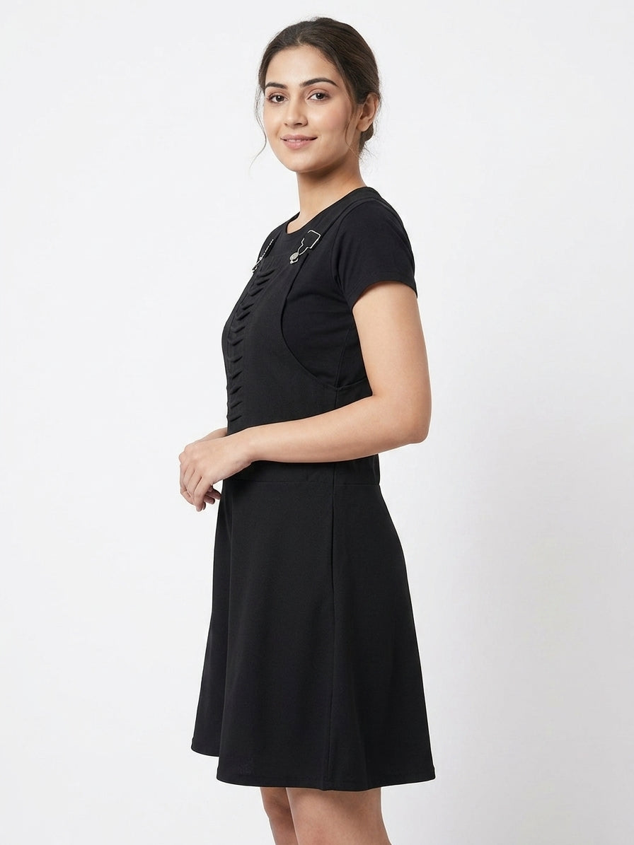 Black Solid A-line Pinafore Jumpsuit