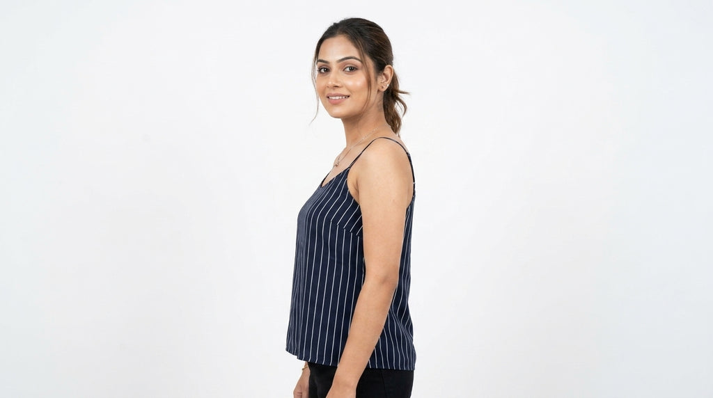 Navy Blue Striped Sleeveless Midi Dress