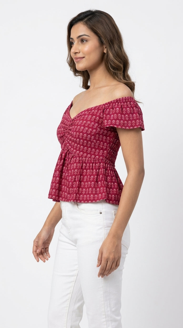 Pink Printed Off-Shoulder Top